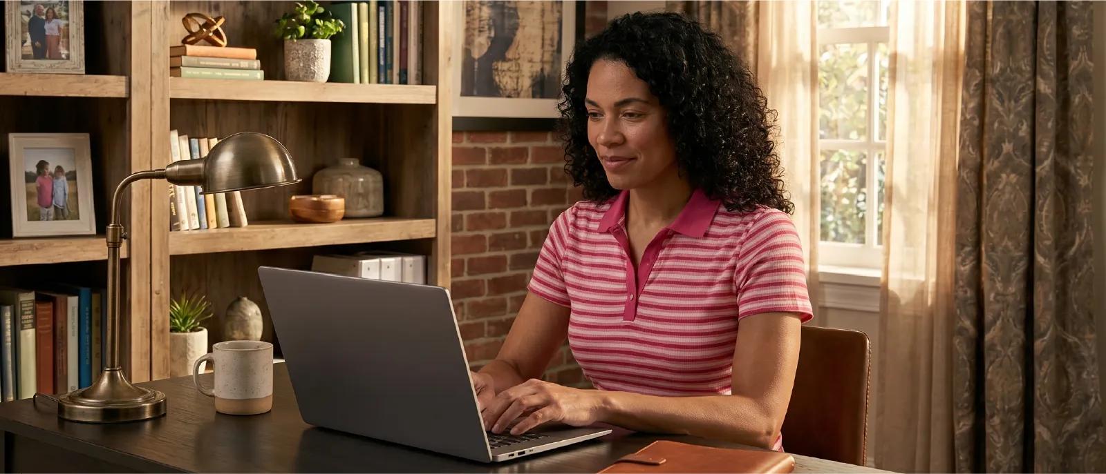 woman in pink striped shirt working on her laptop in her home office.